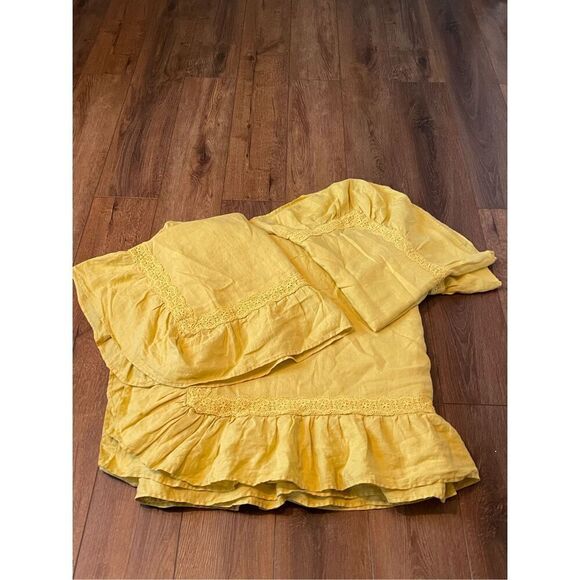 Pottery Barn Green Row Linen Ruffle Crochet Duvet Cover & Sham Twin Marigold - Picture 6 of 10